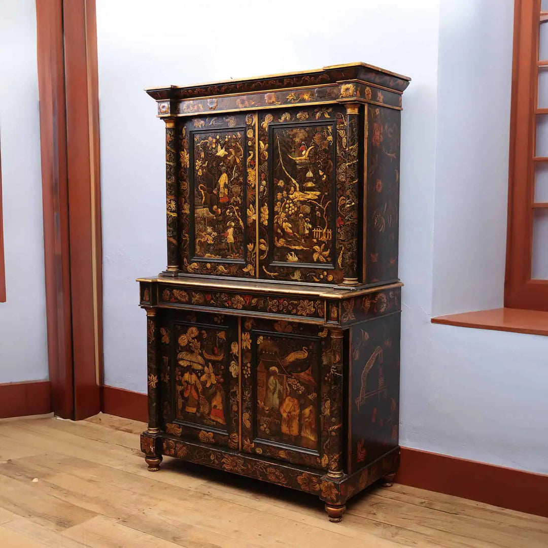 English Regency Black Japanned Chinoiserie Secretaire Cabinet with intricate raised gold and red detailing, circa 1810.