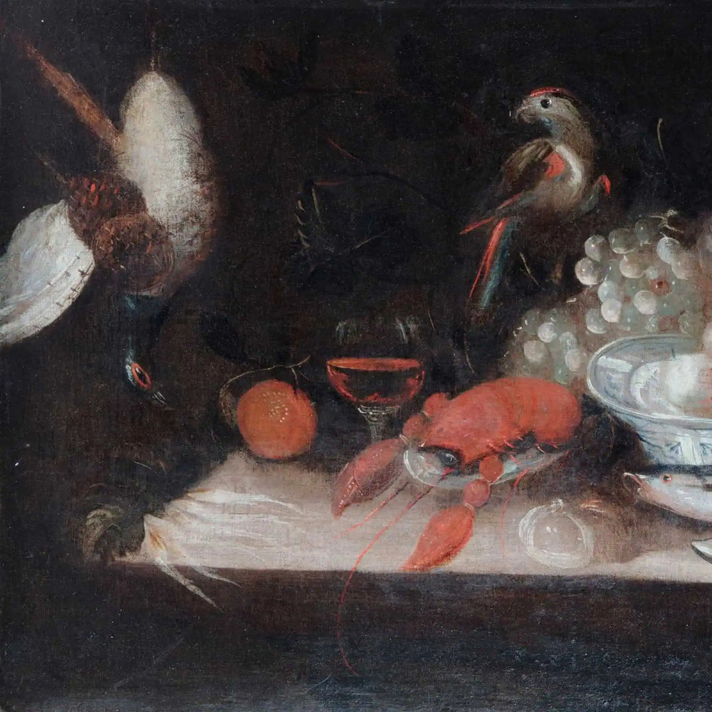 Still life of game bird, lobster, fruit, and flowers in dark setting by Collection EE20 Dutch School