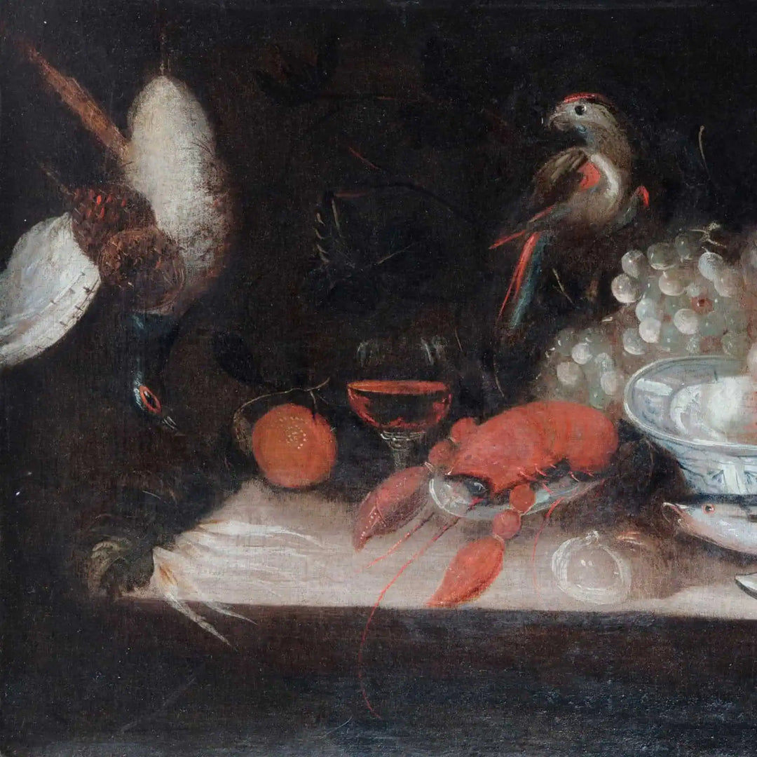 Still life of game bird, lobster, fruit, and flowers in dark setting by Collection EE20 Dutch School
