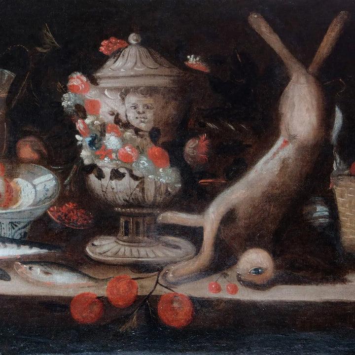 Still life with game, fruit, and flowers in Dutch style from Collection EE20, 17th century oil painting