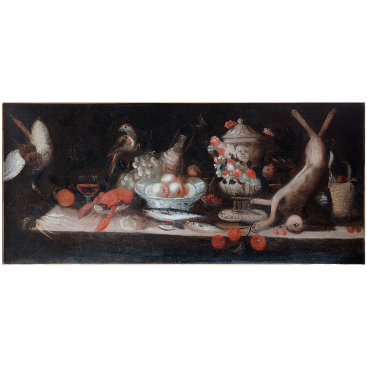 Still Life with Game, Fruit, and Flowers painting by Dutch School, vendor Collection EE20, oil on canvas artwork.