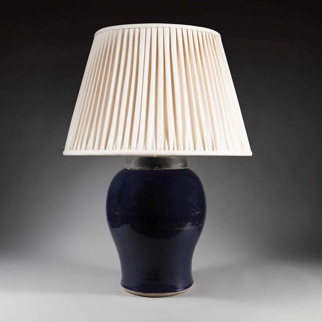 Chinese Monochrome Blue Table Lamp with 19th century bulbous vase base and large pleated cream lampshade