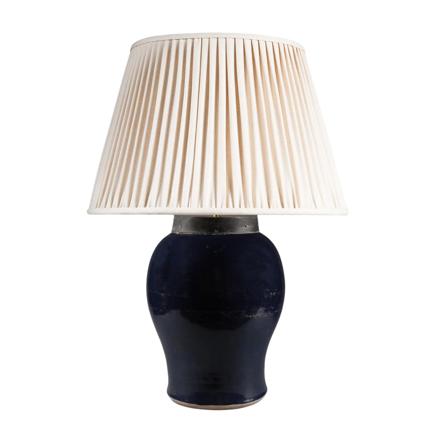 Chinese Monochrome Blue Table Lamp with 19th century large blue vase base and pleated white lampshade.
