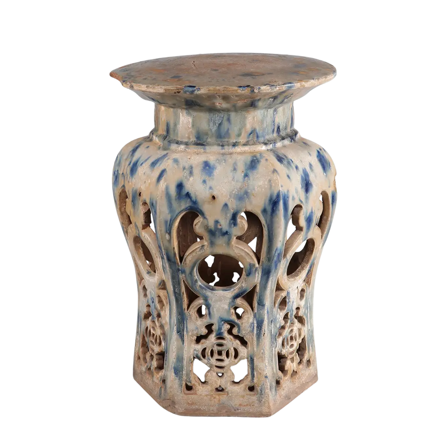 Antique Chinese pottery drip glazed hexagonal stool with floral openwork, circa 1880, Collection EE30