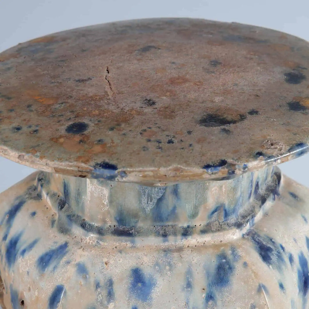 Close-up of antique Chinese pottery drip glazed stool top from Collection EE30 showing aged ceramic surface.