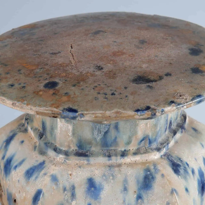 Close-up of antique Chinese pottery drip glazed stool top from Collection EE30 showing aged ceramic surface.