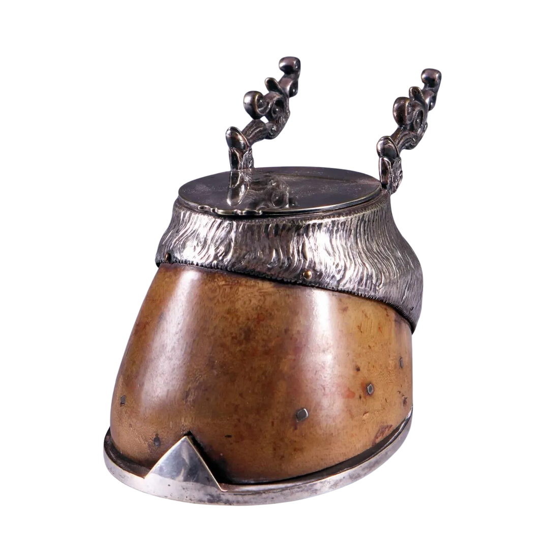 Late 19th century horse hoof inkwell with silver mounts and pen rest by Nwtiques, England circa 1900