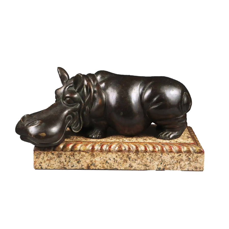 Bronze Hippo Antique Sculpture on carved giltwood gadrooned marble base, European circa 1900, 21x36x23 cm size.