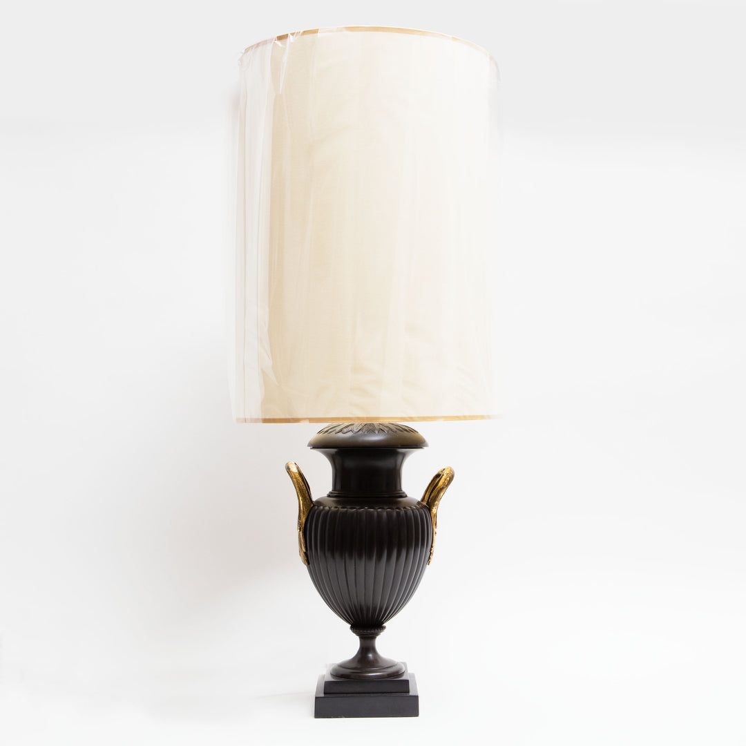 Pair of Neo-Classical Bronze Urn Lamps with leaf decoration and lacquered brass handles, circa 1970, England.