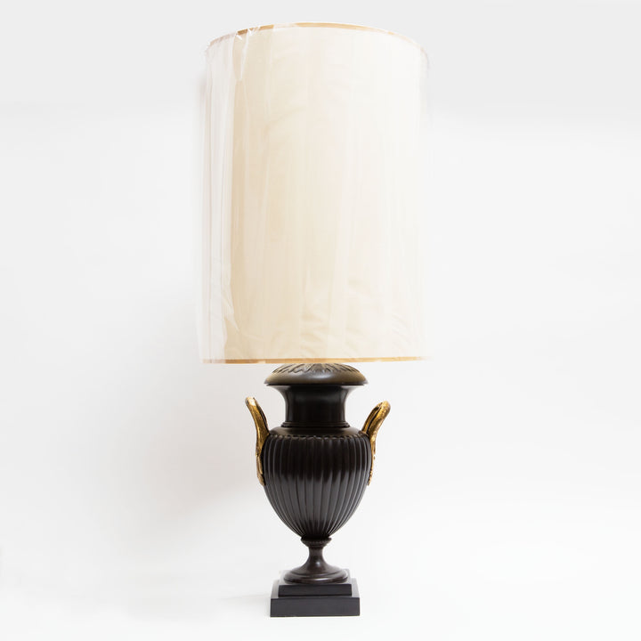 Pair of Neo-Classical Bronze Urn Lamps with leaf decoration and lacquered brass handles, circa 1970, England.