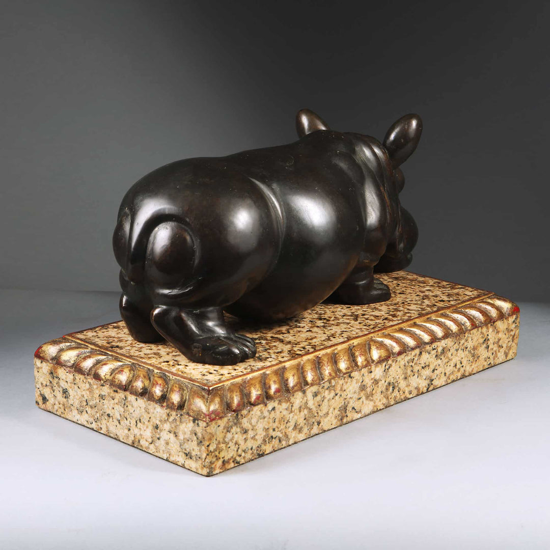 Bronze Hippo Antique Sculpture on a marble base with carved giltwood gadrooned edges, circa 1900 European design.