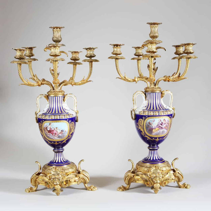 Pair of antique Napoleon III ormolu and Sevres porcelain six-light candelabra by Nwtiques