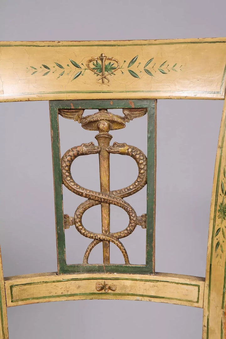 Close-up of intricate hand-painted classical motifs on a Regency side chair from Collection TH20