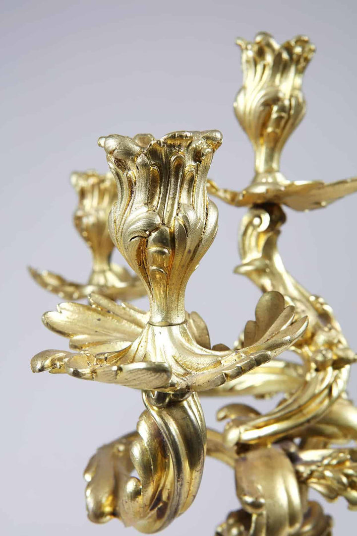 Close-up of a detailed four-light ormolu candelabra in Louis XV style by Collection NI10 with ornate floral designs
