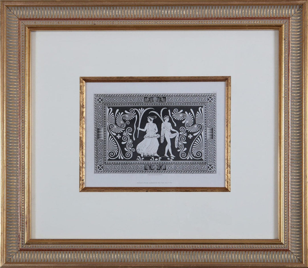 Framed black and white engraving of classical vase scene by Henry Moses from Nwtiques collection