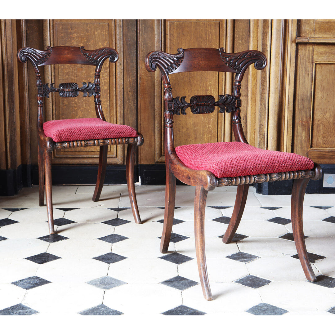 Pair of Regency side chairs with carved mahogany frames and red upholstered seats from Collection EE30.