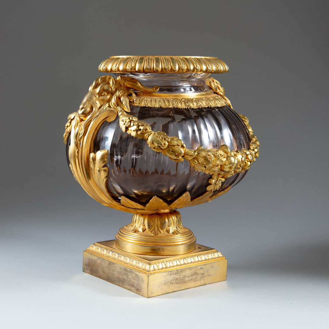 Neo-Classical faceted glass vase with gilded ormolu mounts by Collection CK20, circa 1800, elegant antique decor.