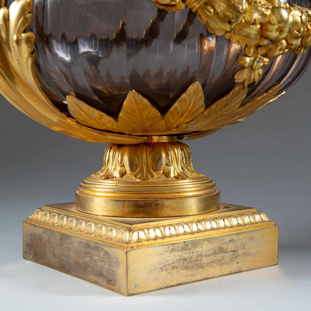 Close-up of gilded ormolu mount on faceted glass Neo-Classical vase from Collection CK20 showing detailed craftsmanship