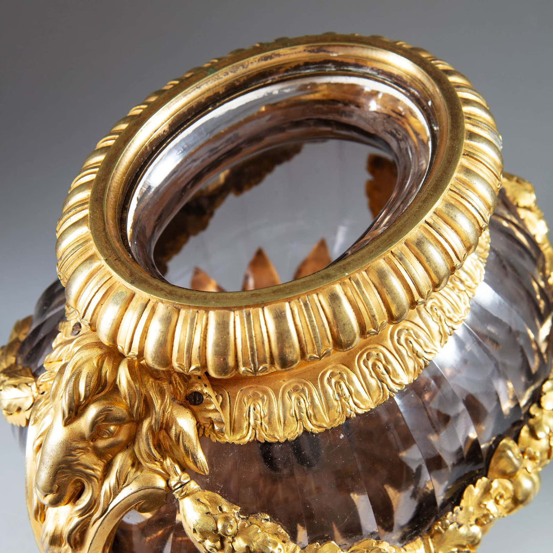 Neo-Classical faceted glass vase with gilded ormolu mounts featuring ram head detail by Collection CK20
