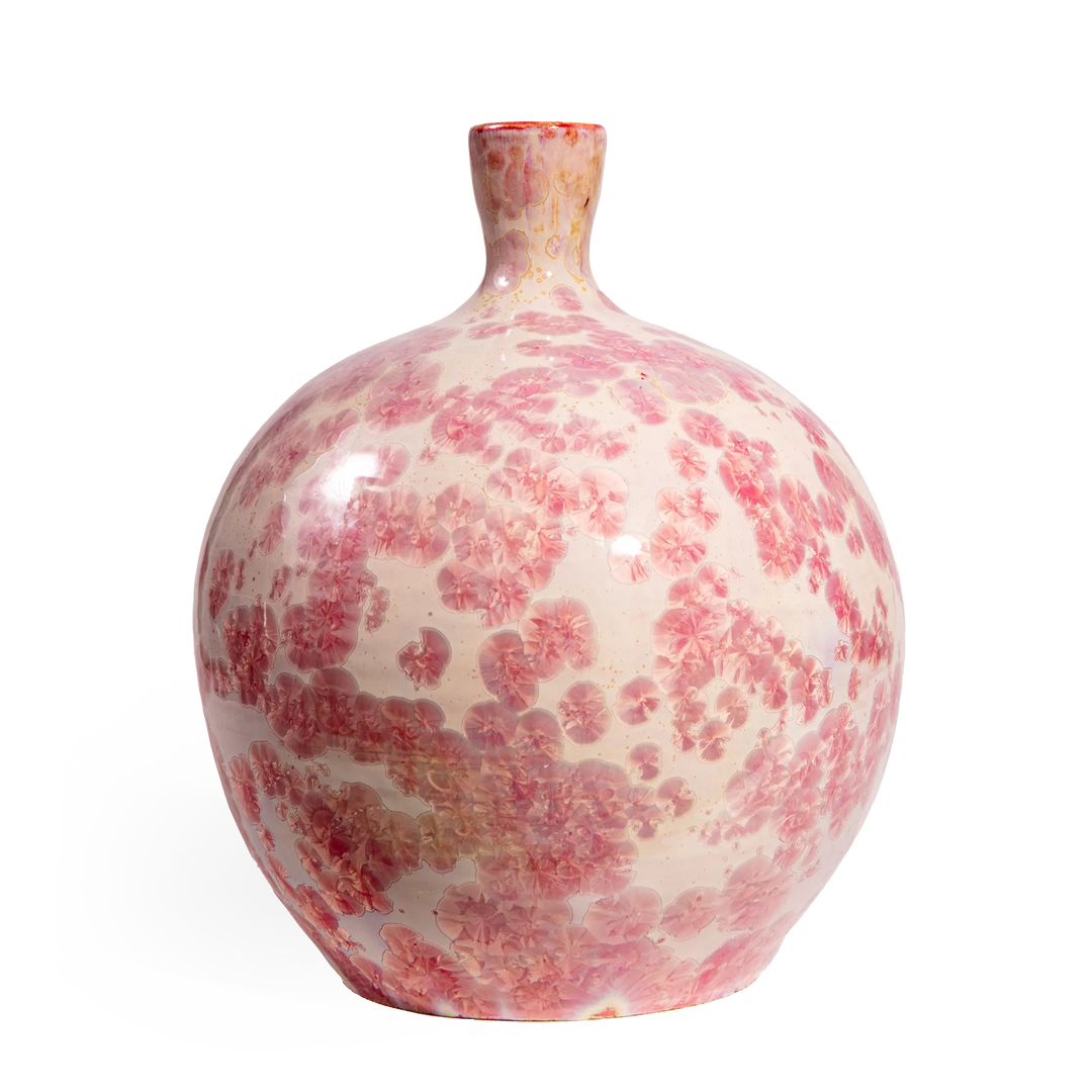 Single pink crystalline glazed ceramic vase lamp with spherical shape by Nwtiques