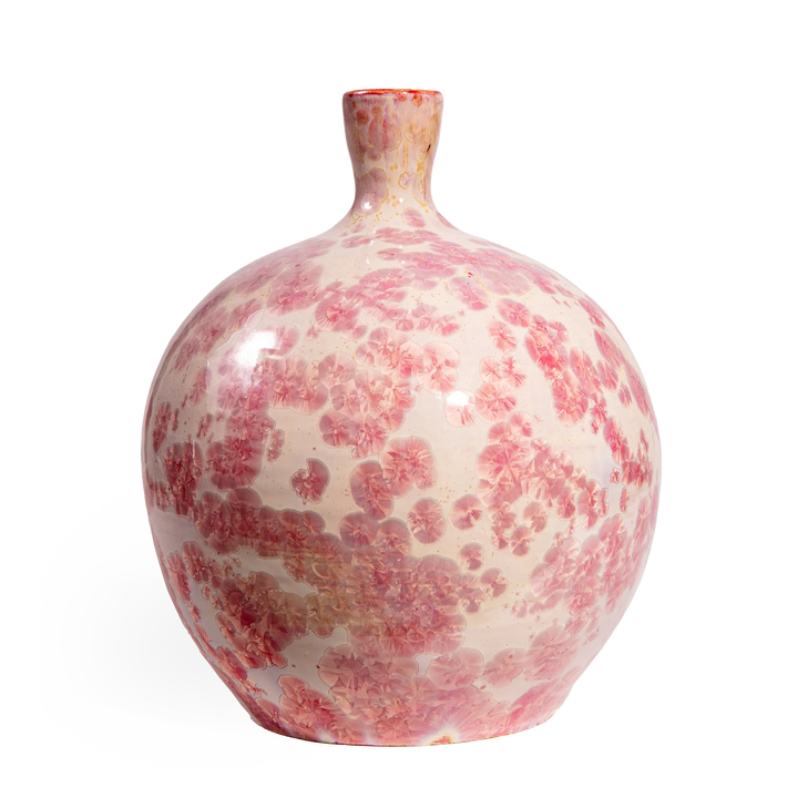 Single pink crystalline glazed ceramic vase lamp with spherical shape by Nwtiques