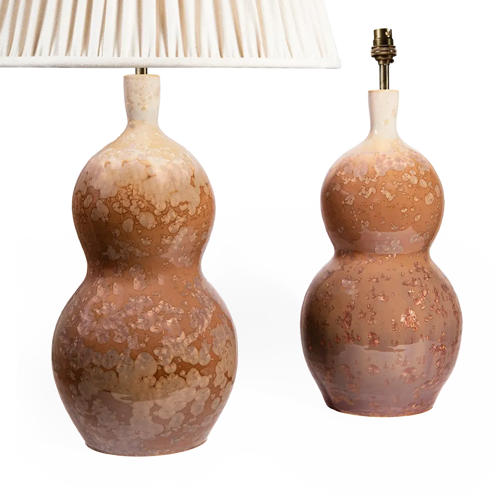 Pair of Nwtiques ceramic lamps with warm caramel and ivory crystalline glaze in gourd shapes