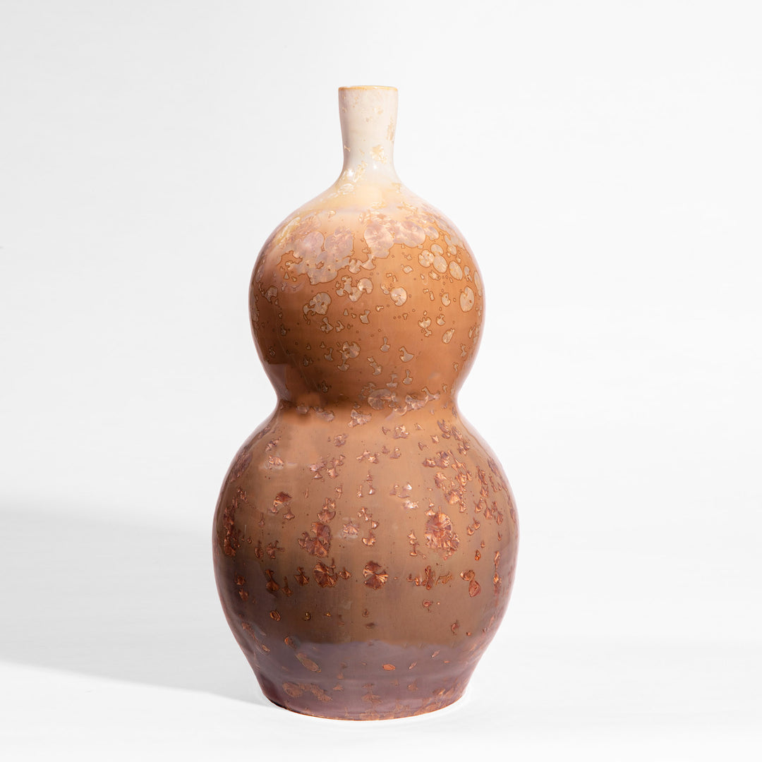 Single gourd-shaped ceramic lamp with warm caramel and ivory crystalline glaze by Nwtiques