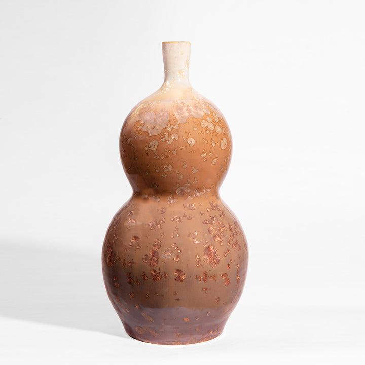 Single gourd-shaped ceramic lamp with warm caramel and ivory crystalline glaze by Nwtiques