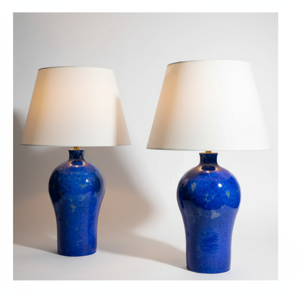 Pair of blue crystalline glazed vase lamps with white shades by Nwtiques in elegant ceramic design