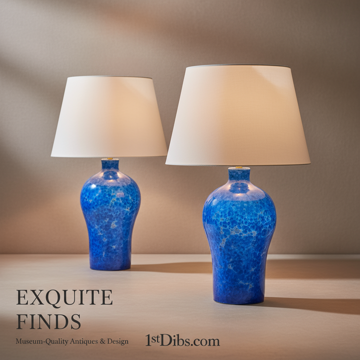 Pair of blue crystalline glazed vase lamps with white shades by Nwtiques in elegant setting
