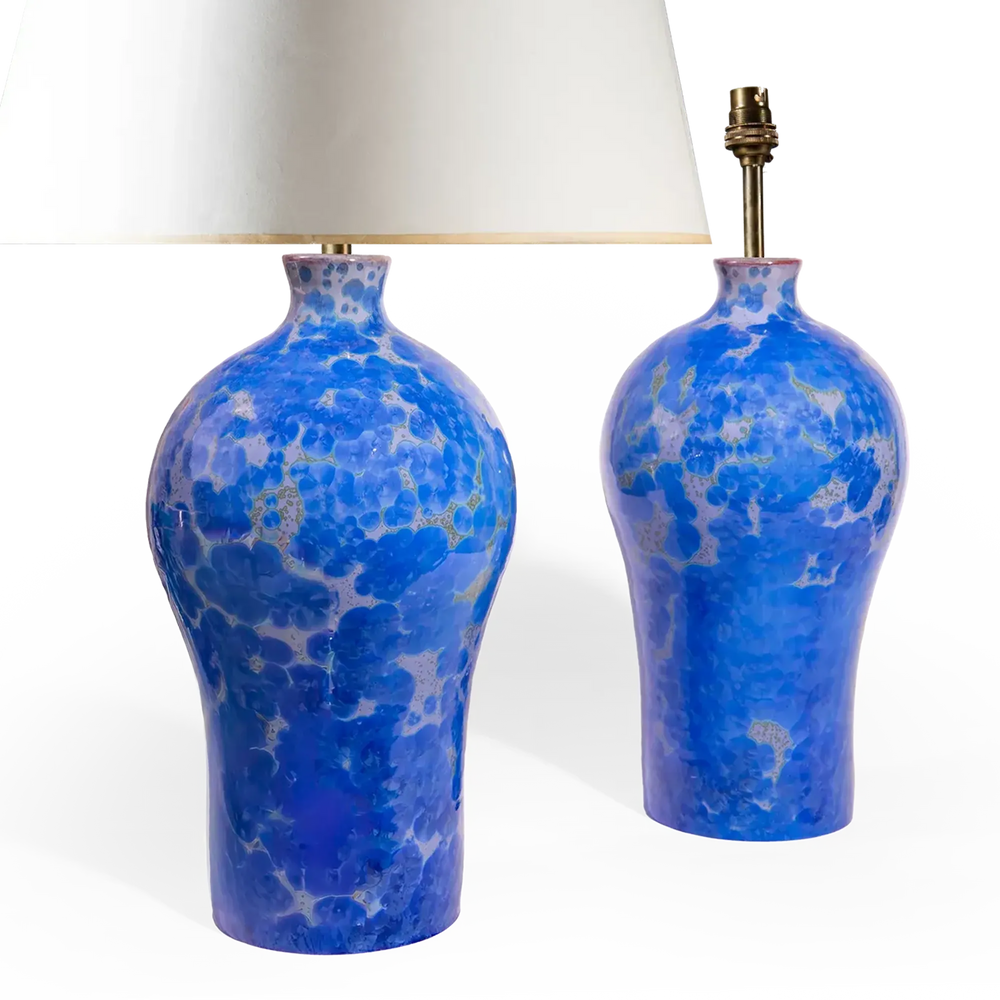 Pair of blue crystalline glazed vase lamps by Nwtiques with rich cobal crystal formations on ceramic bases