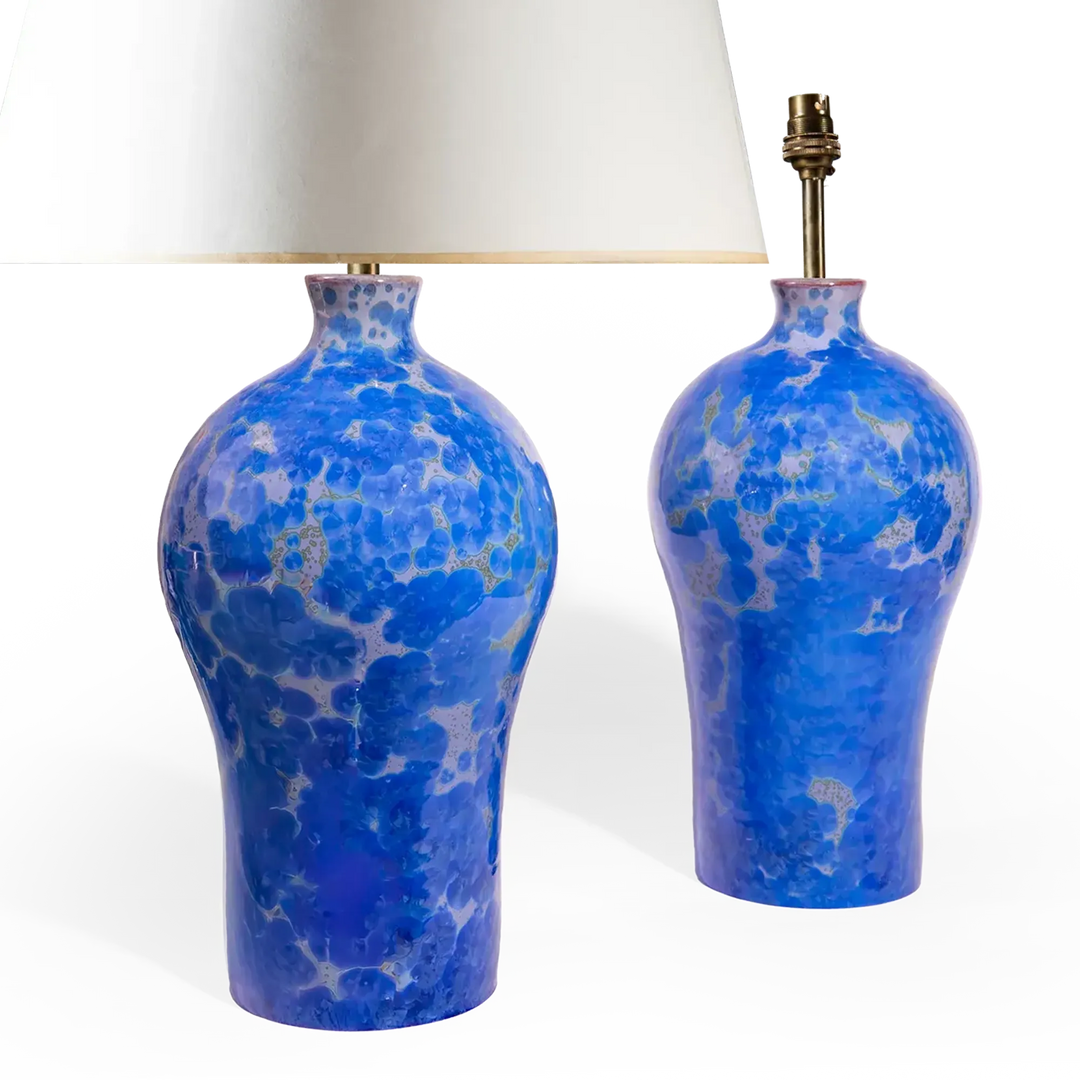 Pair of blue crystalline glazed vase lamps by Nwtiques with rich cobal crystal formations on ceramic bases