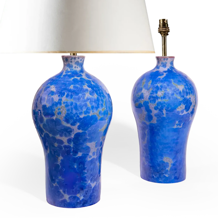Pair of blue crystalline glazed vase lamps by Nwtiques with rich cobal crystal formations on ceramic bases