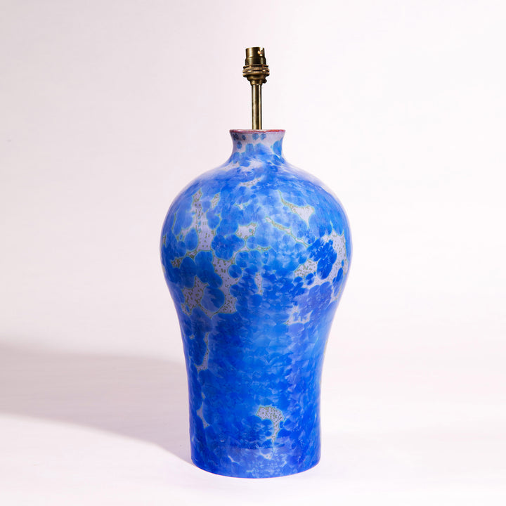 Blue crystalline glazed ceramic vase lamp by Nwtiques with vivid cobal crystal surface decoration