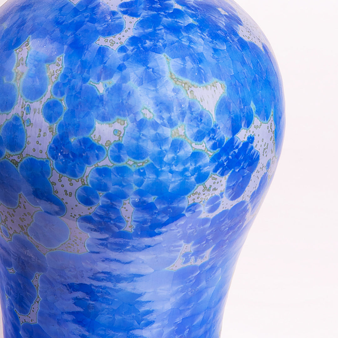 Close-up of a blue crystalline glazed ceramic vase lamp by Nwtiques showing vivid cobalt crystal formations
