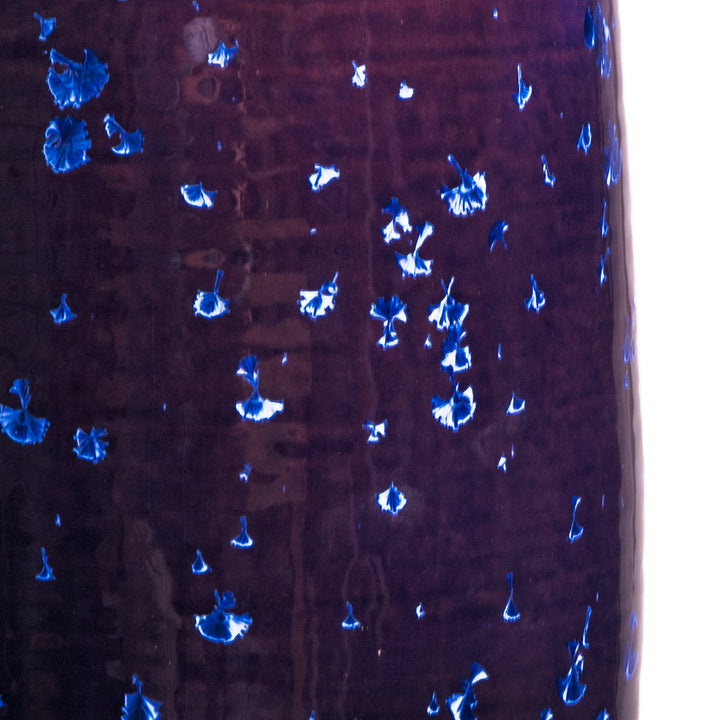 Close-up of crystalline glazed deep purple porcelain vase lamp with sapphire-blue inclusions from Nwtiques