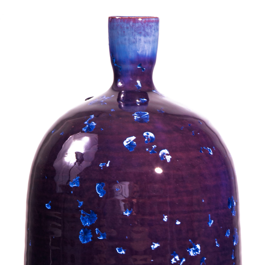 Crystalline glazed deep purple vase lamp with sapphire-blue details by Nwtiques on white background