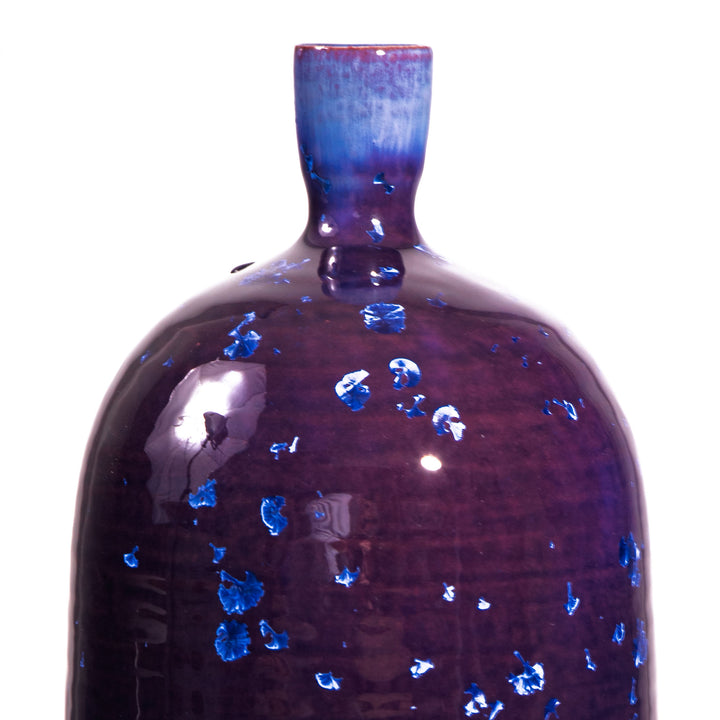 Crystalline glazed deep purple vase lamp with sapphire-blue details by Nwtiques on white background