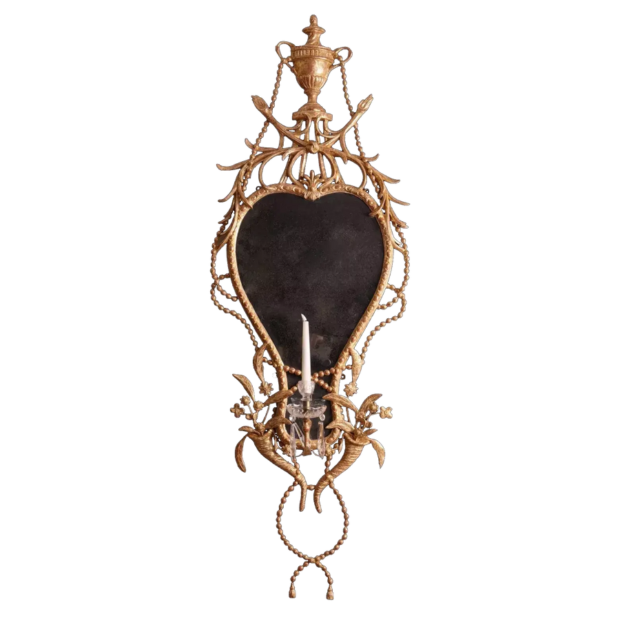 18th Century Gilt Carton-pierre Wall Mirror with intricate floral motifs and a single candle arm, circa 1775.