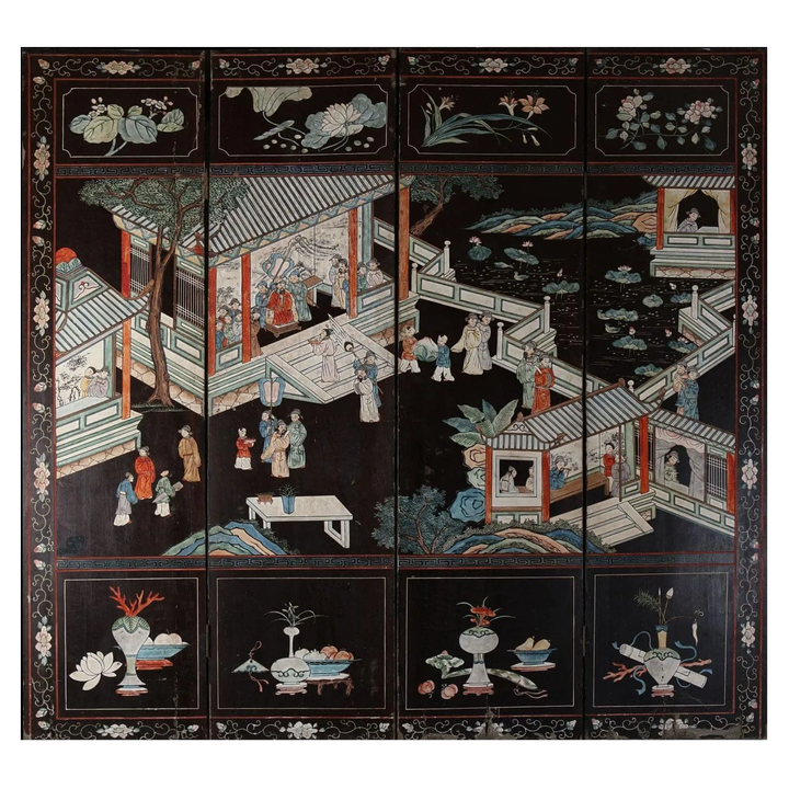 Early 19th century four fold Chinese lacquer screen depicting cityscape scenes, polychrome coromandel, Collection TH20