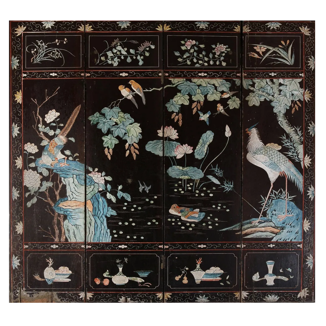 Early 19th century four fold Chinese lacquer screen with bird and floral motifs by Collection TH20
