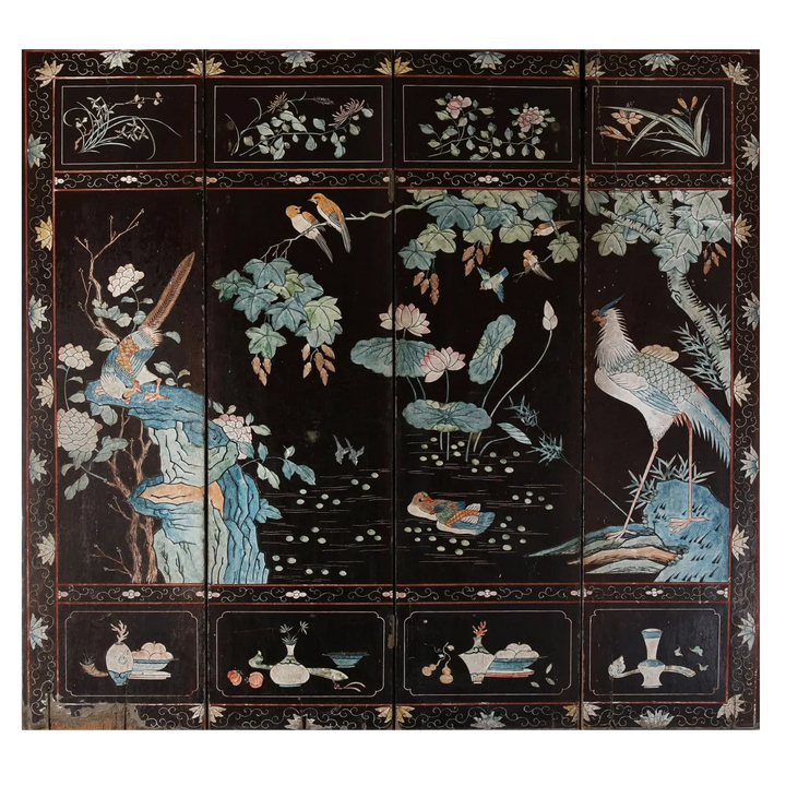 Early 19th century four fold Chinese lacquer screen with bird and floral motifs by Collection TH20