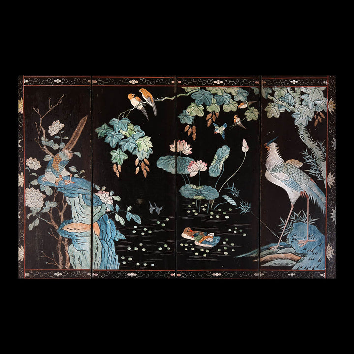 Early 19th century four fold Chinese lacquer screen with birds and lotus motifs by Collection TH20