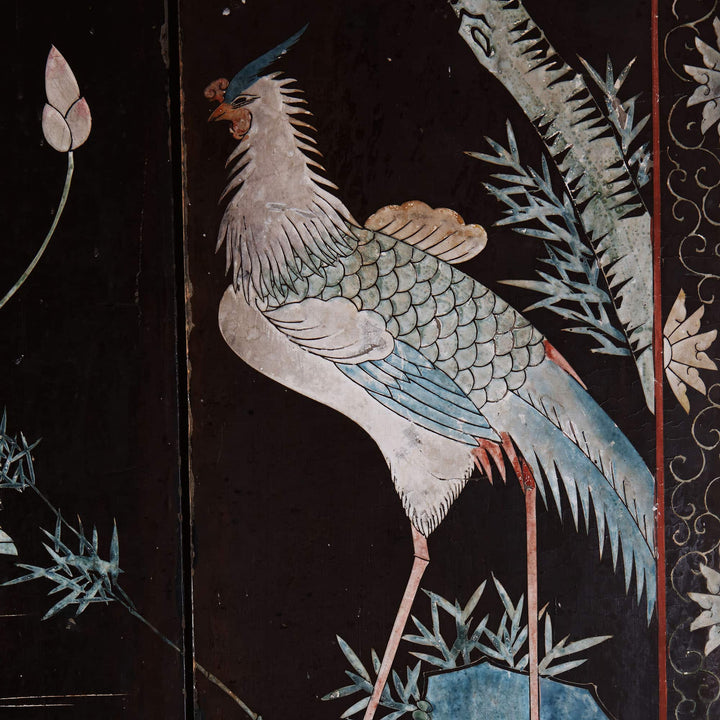 Detail of polychrome lacquer bird on early 19th century Chinese folding screen from Collection TH20