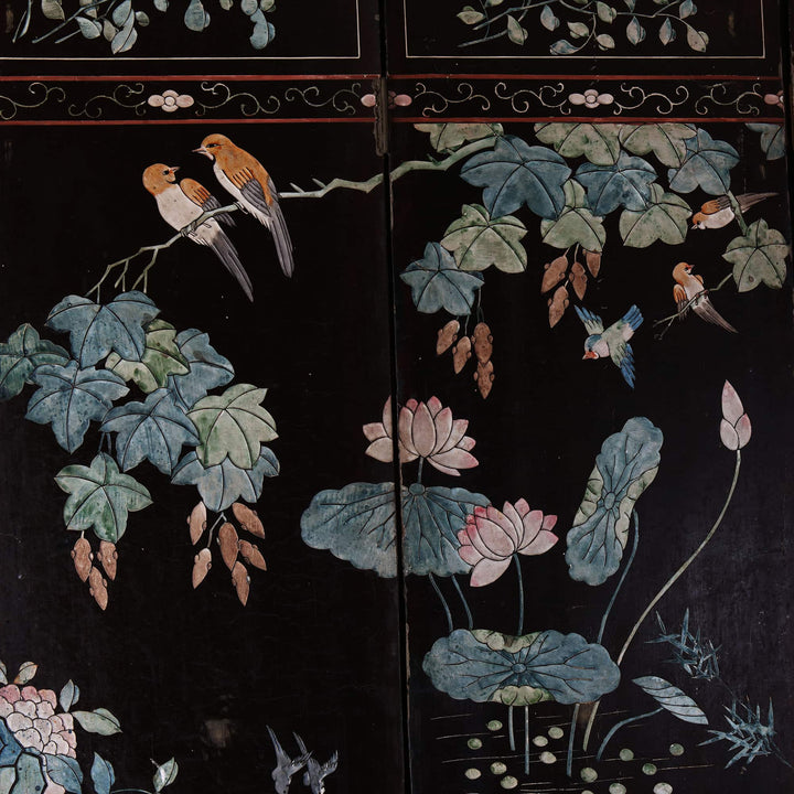 Early 19th century Chinese lacquer screen by Collection TH20 featuring birds and floral scenes on black background