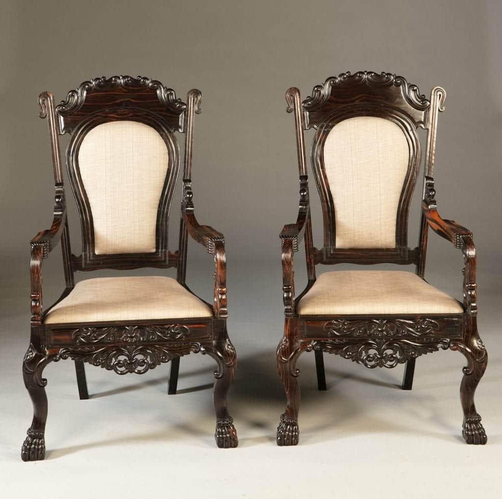 Pair of 19th century Sinhalese calamander wood armchairs with carved ornament and claw feet by Nwtiques