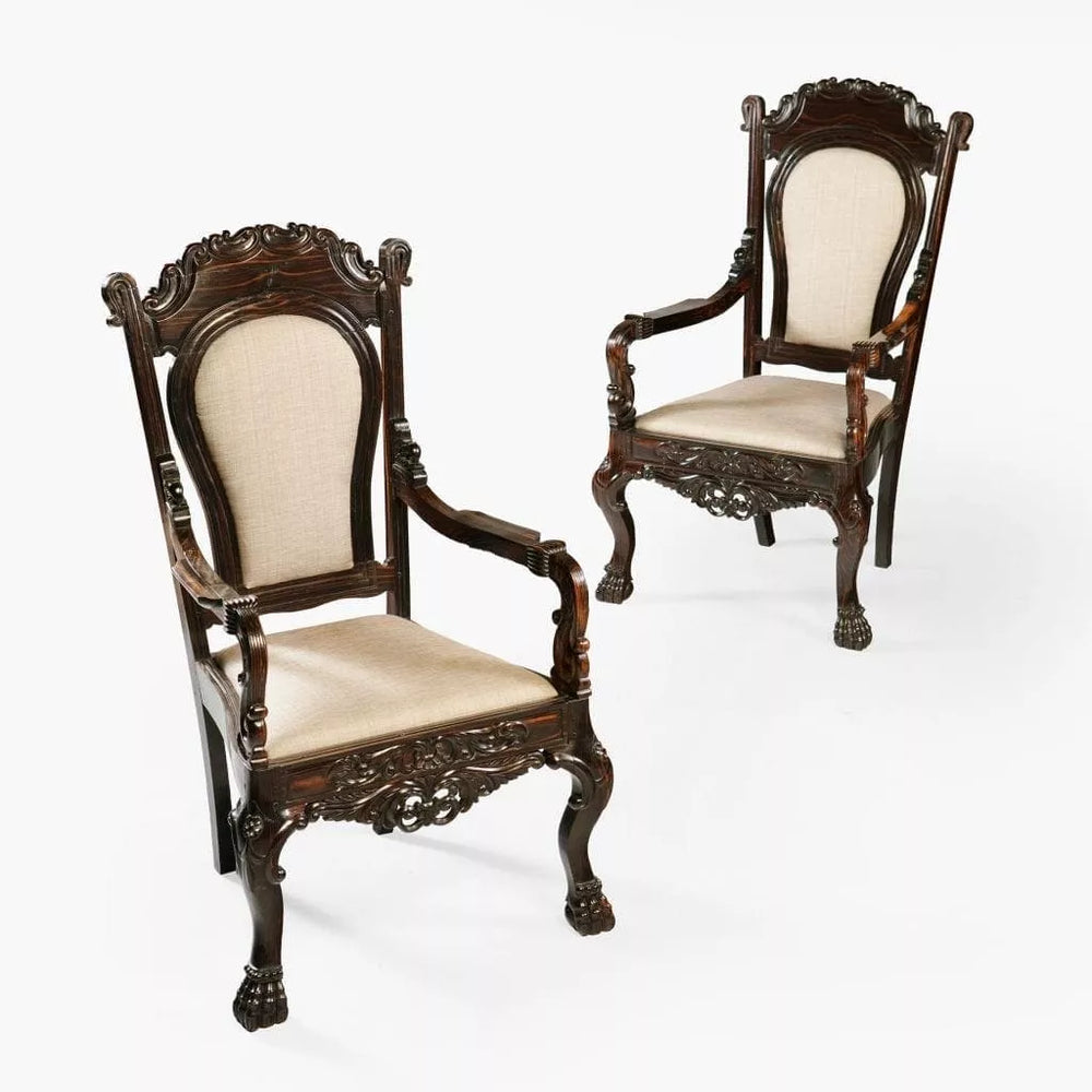 Pair of 19th century Sinhalese calamander wood armchairs with carved claw feet by Nwtiques