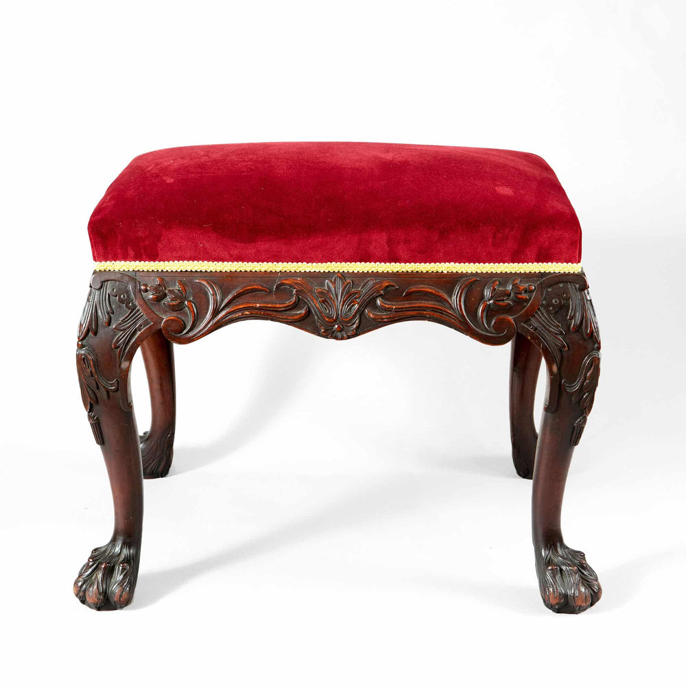 19th century carved mahogany George II stool with red velvet seat from Collection CK20, elegant Victorian craftsmanship
