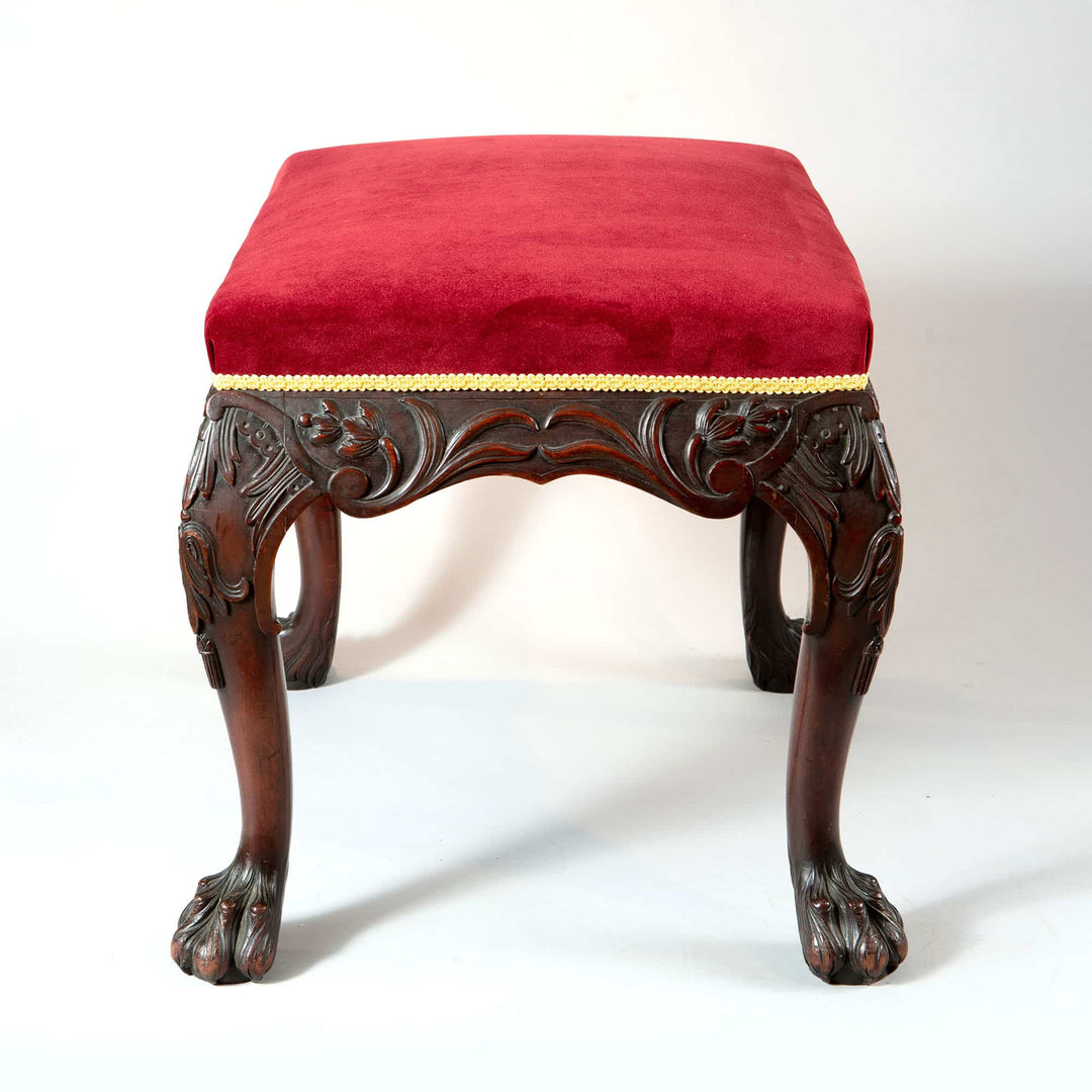 19th century carved mahogany George II stool with red velvet seat by Collection CK20 in English revival style