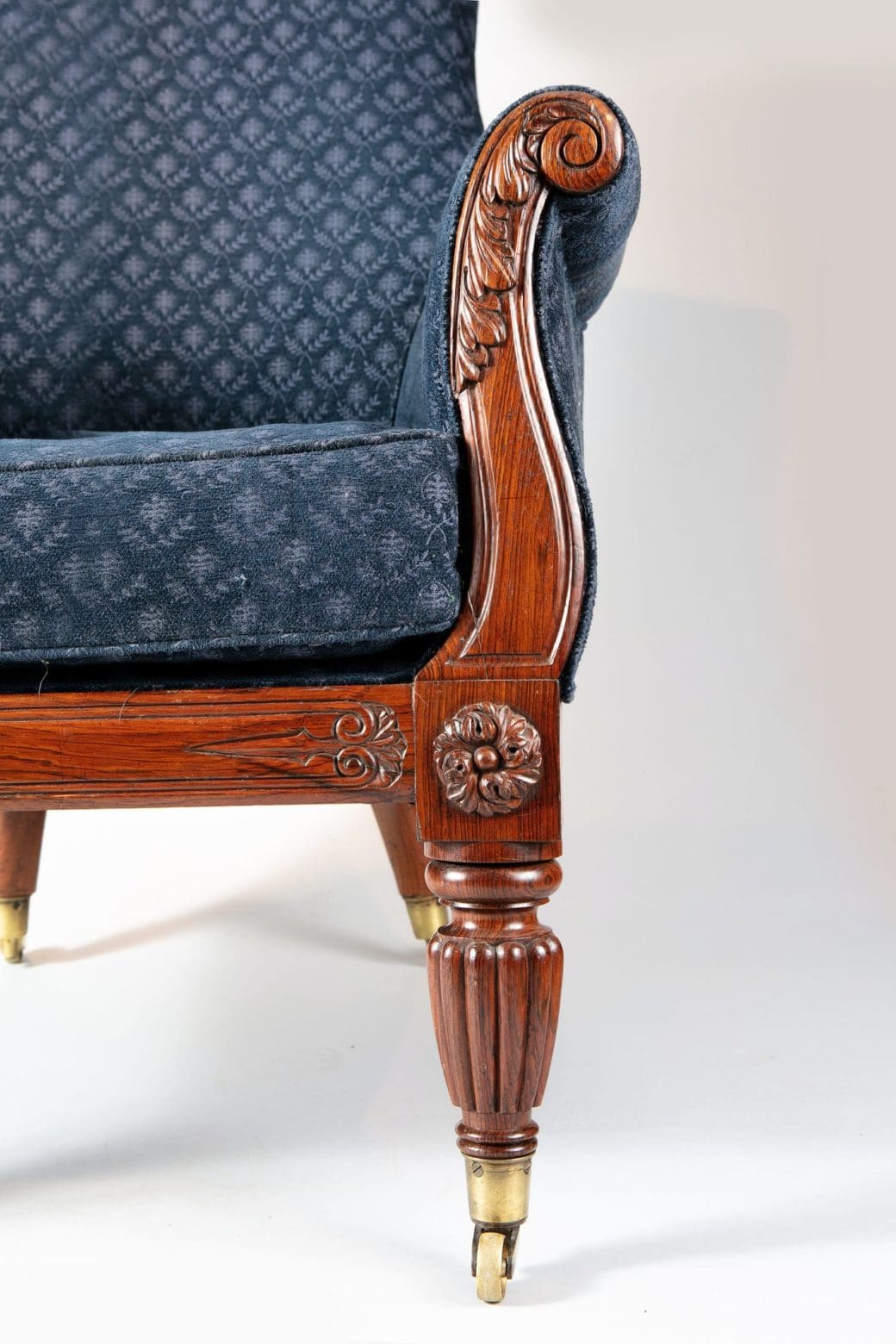 Regency lyre form rosewood library chair arm with intricate carving and blue upholstery by Collection CK20